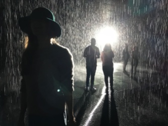 Five people in the Rain Room art installation at the Los Angeles County Museum of Art